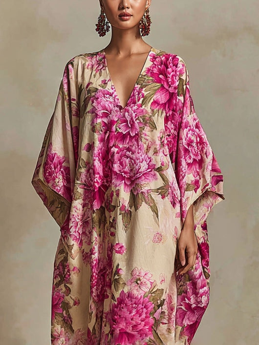 Floral Art Resort V-neck Batwing Sleeve Kaftan Maxi Dress