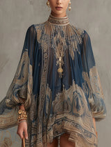 Navy Blue Baroque Print High-neck Irregular Chiffon Mini Dress
