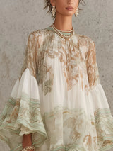 Green Print Ruffle Hem Flounce Sleeve Chiffon Mini Dress