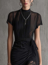 Black Chiffon Pleated Waist Lace-trimmed Mini Dress