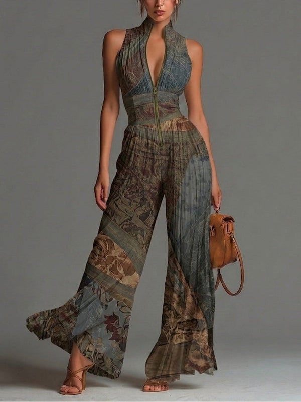 Bohemian Ethnic Print Sleeveless Zipper Pleated Wide-leg Chiffon Jumpsuit