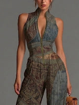 Bohemian Ethnic Print Sleeveless Zipper Pleated Wide-leg Chiffon Jumpsuit