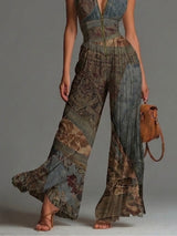 Bohemian Ethnic Print Sleeveless Zipper Pleated Wide-leg Chiffon Jumpsuit