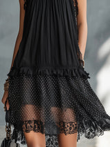 Black Lace-trimmed Ruffled Sheer Polka Dot Mini Dress