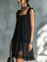 Black Lace-trimmed Ruffled Sheer Polka Dot Mini Dress