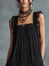 Black Lace-trimmed Ruffled Sheer Polka Dot Mini Dress