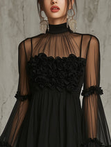 Black Sheer Floral Appliqué High Neck Pleated Chiffon Mini Dress
