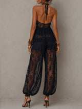 Black Backless Lace-trimmed Tank Top And Harem Pants Set
