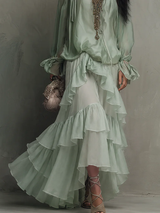Mint Green Chiffon Ruffled Top Paired With A Layered Skirt Set
