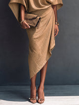 Khaki Draped Asymmetrical Short-sleeved Midi Dress