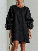 Black Floral Button-down Mini Dress With Striking Floral Cuffs