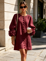 White Floral Button-down Mini Dress With Striking Floral Cuffs