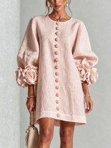 White Floral Button-down Mini Dress With Striking Floral Cuffs