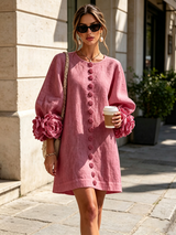 White Floral Button-down Mini Dress With Striking Floral Cuffs