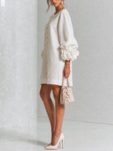 White Floral Button-down Mini Dress With Striking Floral Cuffs