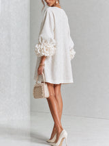 White Floral Button-down Mini Dress With Striking Floral Cuffs