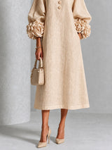 Beige Floral Button-down Midi Dress With Striking Floral Cuffs