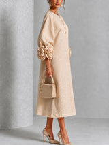 Beige Floral Button-down Midi Dress With Striking Floral Cuffs