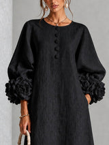 Black Floral Button-down Midi Dress With Striking Floral Cuffs