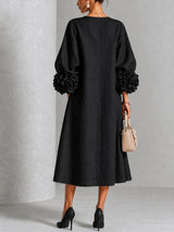 Black Floral Button-down Midi Dress With Striking Floral Cuffs