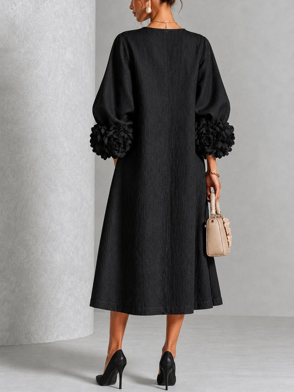 Black Floral Button-down Midi Dress With Striking Floral Cuffs