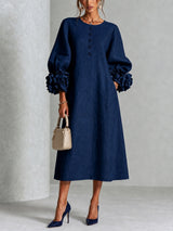 Navy Floral Button-down Midi Dress With Striking Floral Cuffs