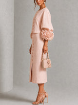 Pink Floral Button-front Top And Skirt Set Featuring Striking Floral Cuffs