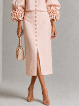 Pink Floral Button-front Top And Skirt Set Featuring Striking Floral Cuffs