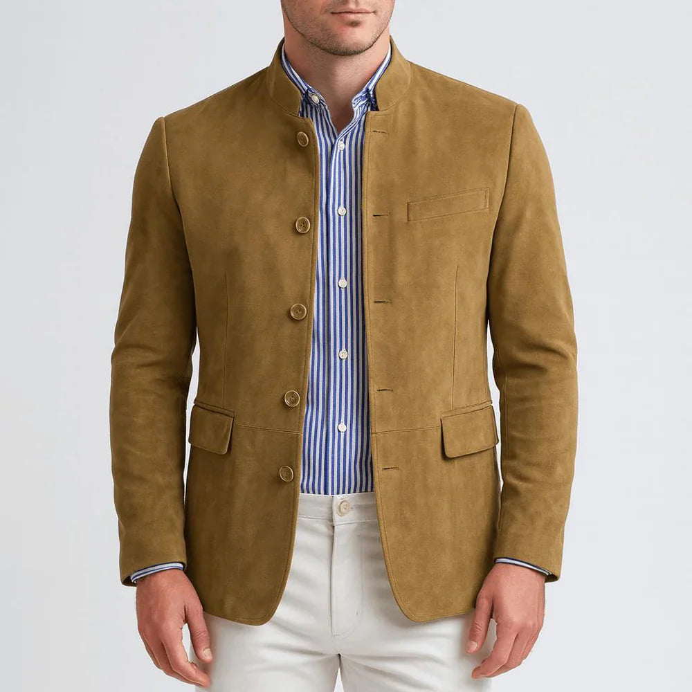 Suede blazer with Chinese collar
