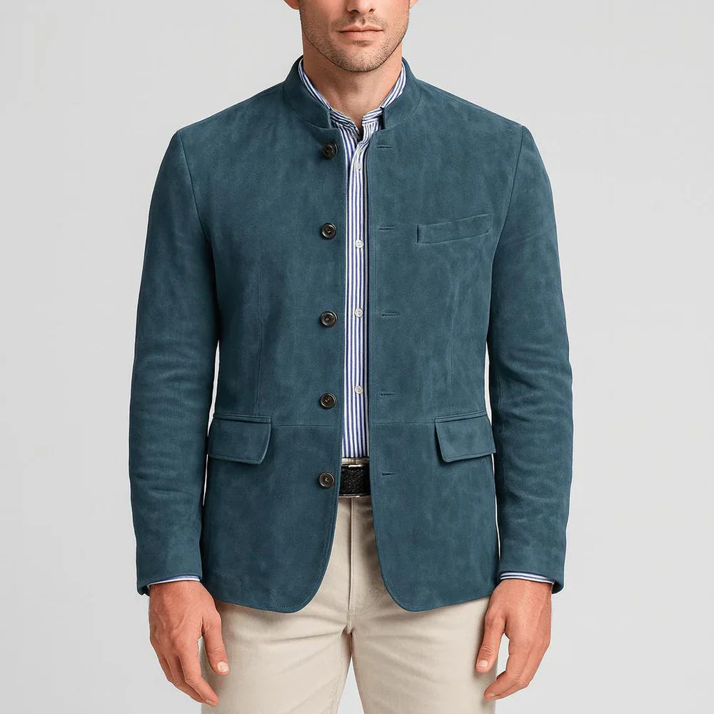 Suede blazer with Chinese collar