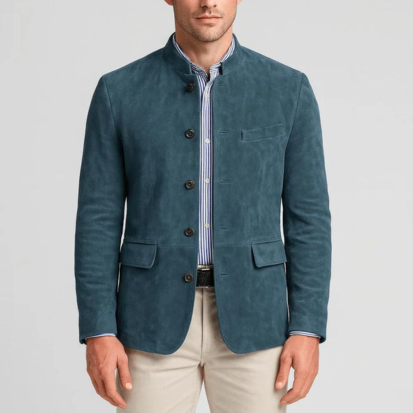 Suede blazer with Chinese collar