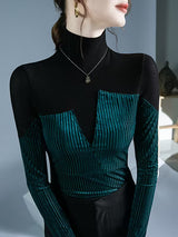 Contrast Color Split-Joint Long Sleeves Skinny High Neck T-Shirts Tops