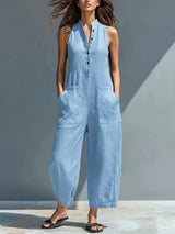 Black Minimalist Faux Linen Button-down Collar Sleeveless Loose-fitting Jumpsuit