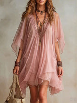 Green Chiffon V-neck Layered Flowy Mini Dress