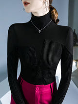 Contrast Color Split-Joint Long Sleeves Skinny High Neck T-Shirts Tops