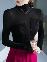 Contrast Color Split-Joint Long Sleeves Skinny High Neck T-Shirts Tops