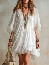 Green Chiffon V-neck Layered Flowy Mini Dress