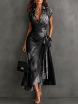 Red Black Abstract Print Wrap Midi Dress Collared V Neck Short Sleeve Tie Waist Ruffled High‑Low Hem Dress