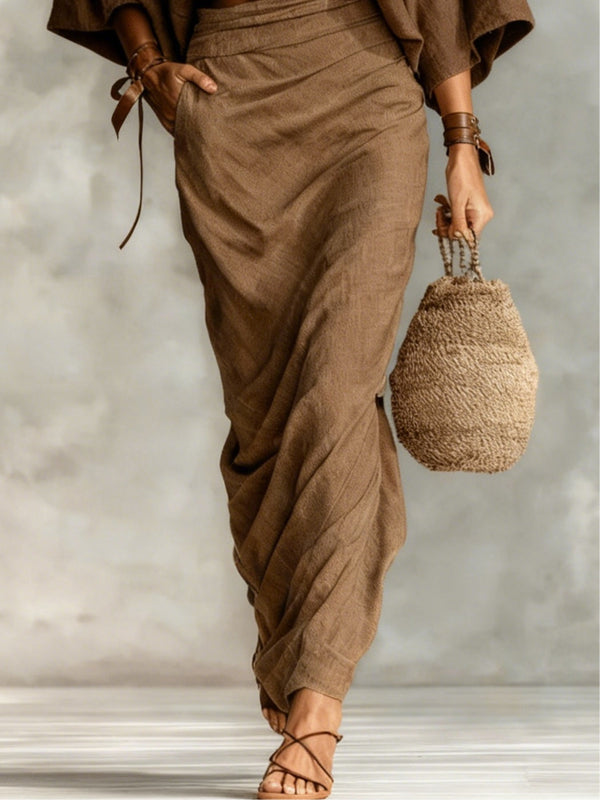Round neck batwing sleeve top and long skirt set