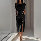 Slit Midi Skirt – Draped Fabric with a Slight Waist Tuck