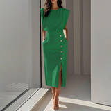 Slit Midi Skirt – Draped Fabric with a Slight Waist Tuck