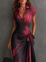 Red Black Abstract Print Wrap Midi Dress Collared V Neck Short Sleeve Tie Waist Ruffled High‑Low Hem Dress