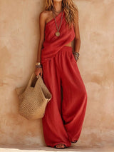 Pink One-shoulder Sleeveless Top And Pants Casual Set