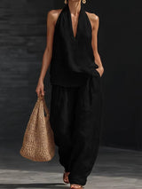 White Faux Linen V-neck Sleeveless Top And Wide-leg Pants Set