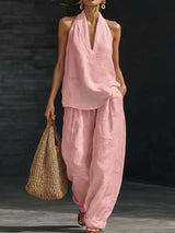 White Faux Linen V-neck Sleeveless Top And Wide-leg Pants Set